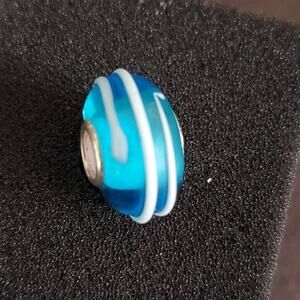 IBB Murano Glass Blue Stripe Charm with Sterling‎ Silver Core